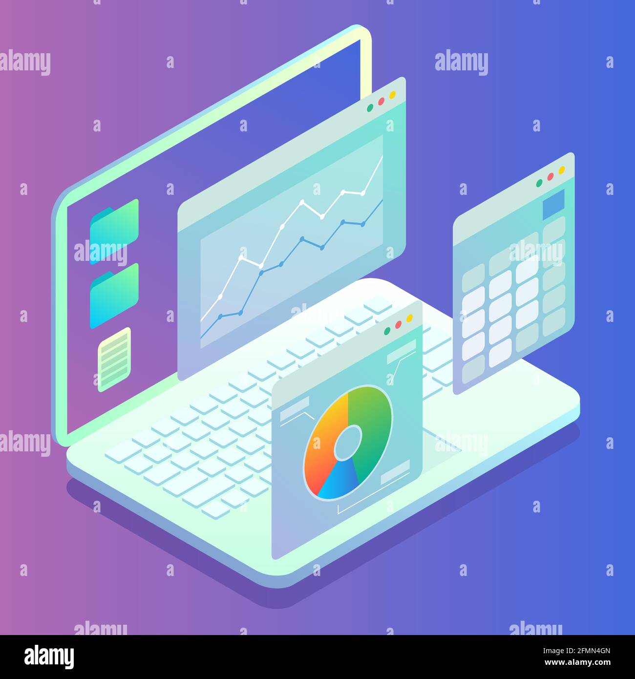 Web analytics concept. Laptop computer with charts, graphs on screen. Website statistics, vector isometric illustration. Stock Vector