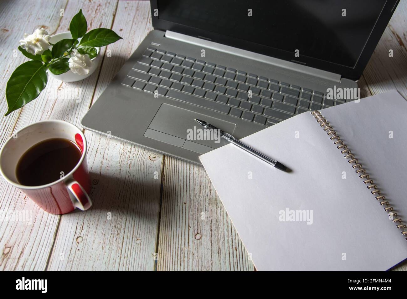 Home office workspace background. Close up, selective focus. Stock Photo
