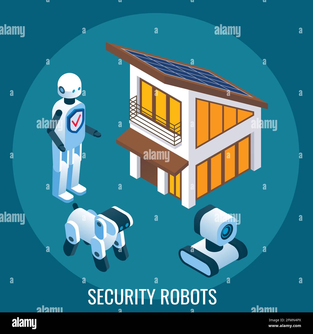 Automated security and surveillance robots protecting house, vector