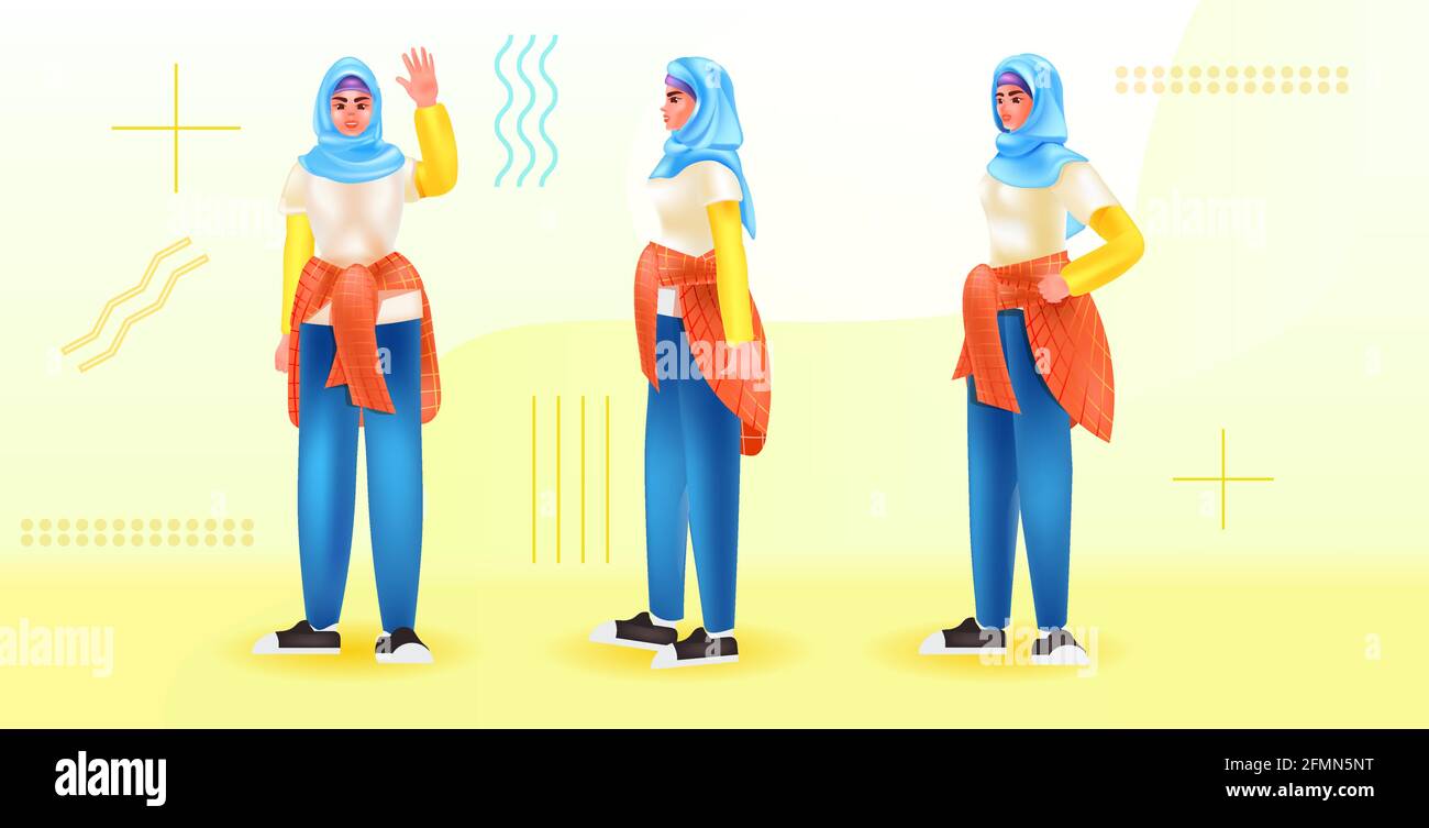 set arabic woman in traditional clothes standing in different poses ...