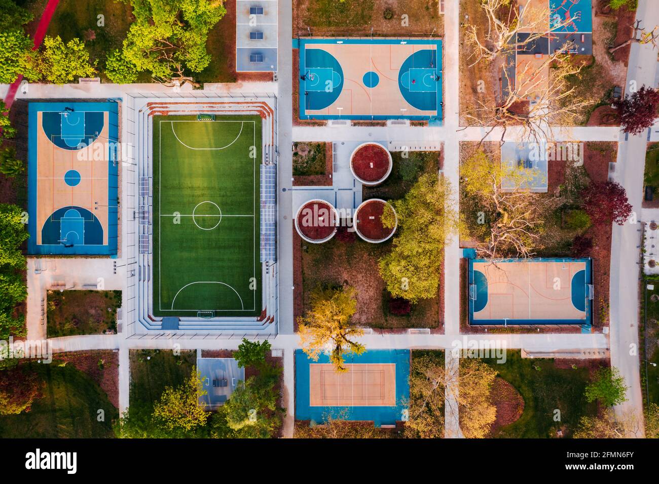 Budapest City park big playground in aerialpanormaic photo. Renwed nice play place for children all ages. Amazing bright morning lights. Stock Photo