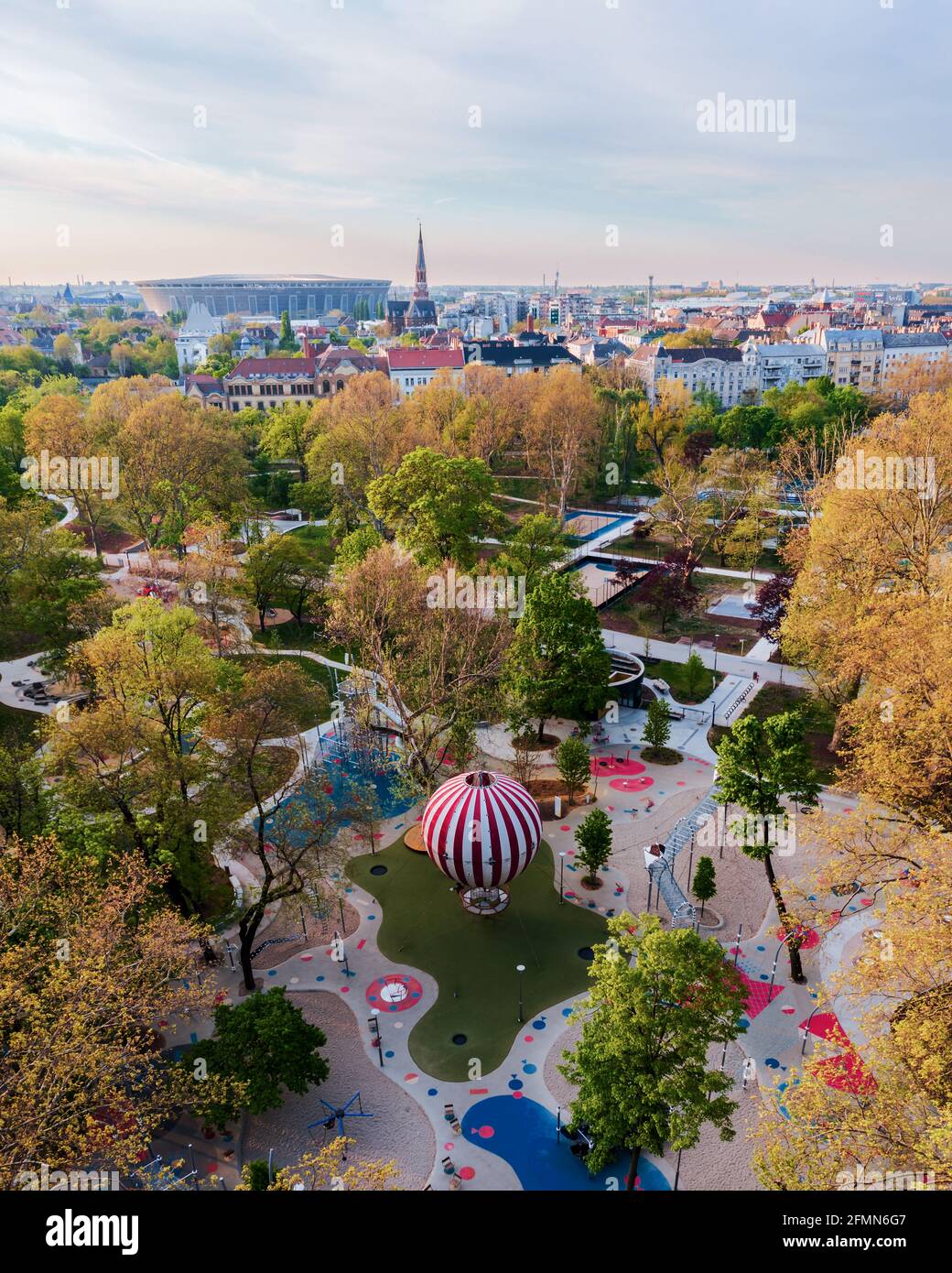 Budapest City park big playground in aerialpanormaic photo. Renwed nice play place for children all ages. Amazing bright morning lights. Stock Photo
