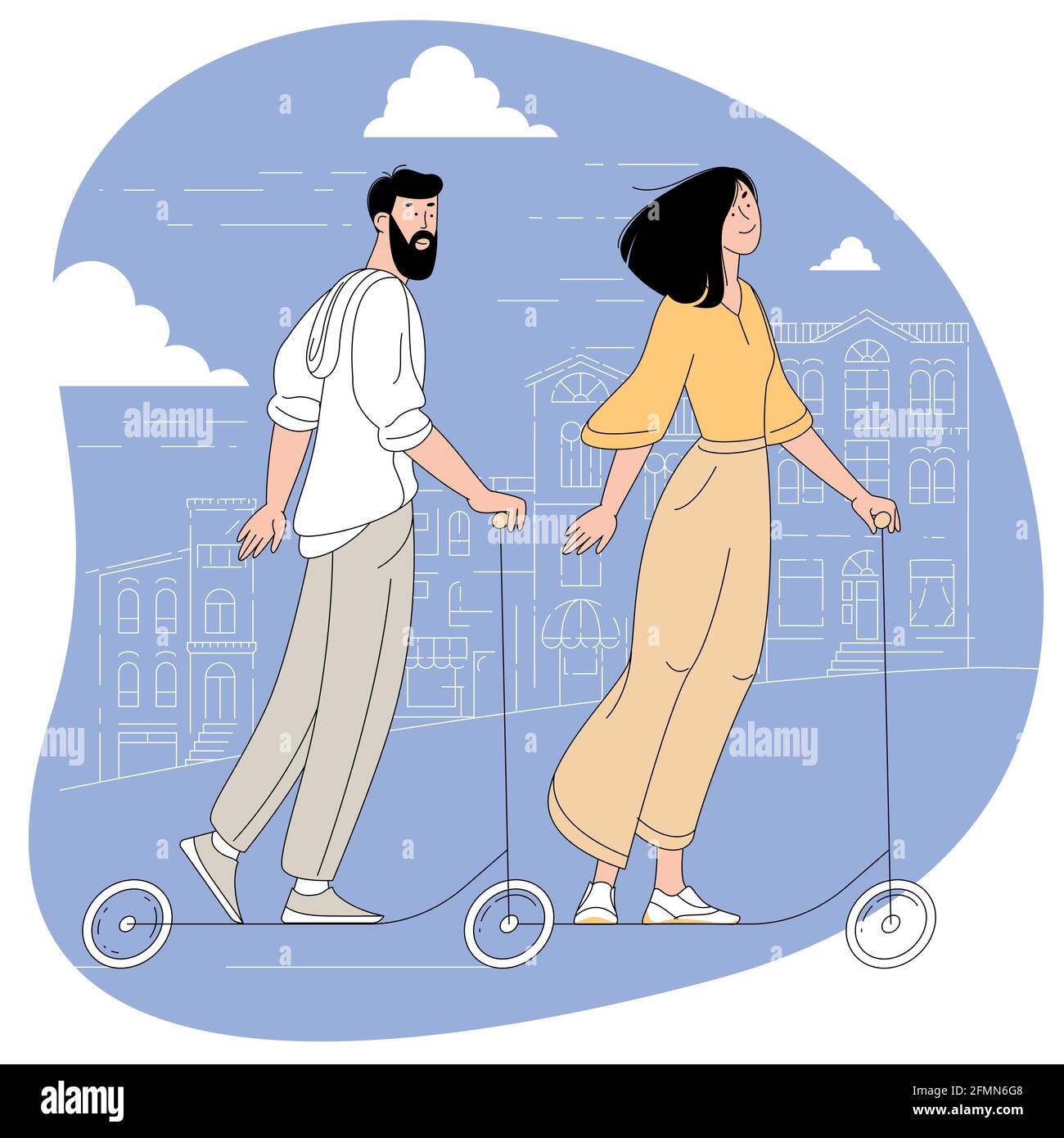 Young man and woman riding the electric scooter Stock Vector