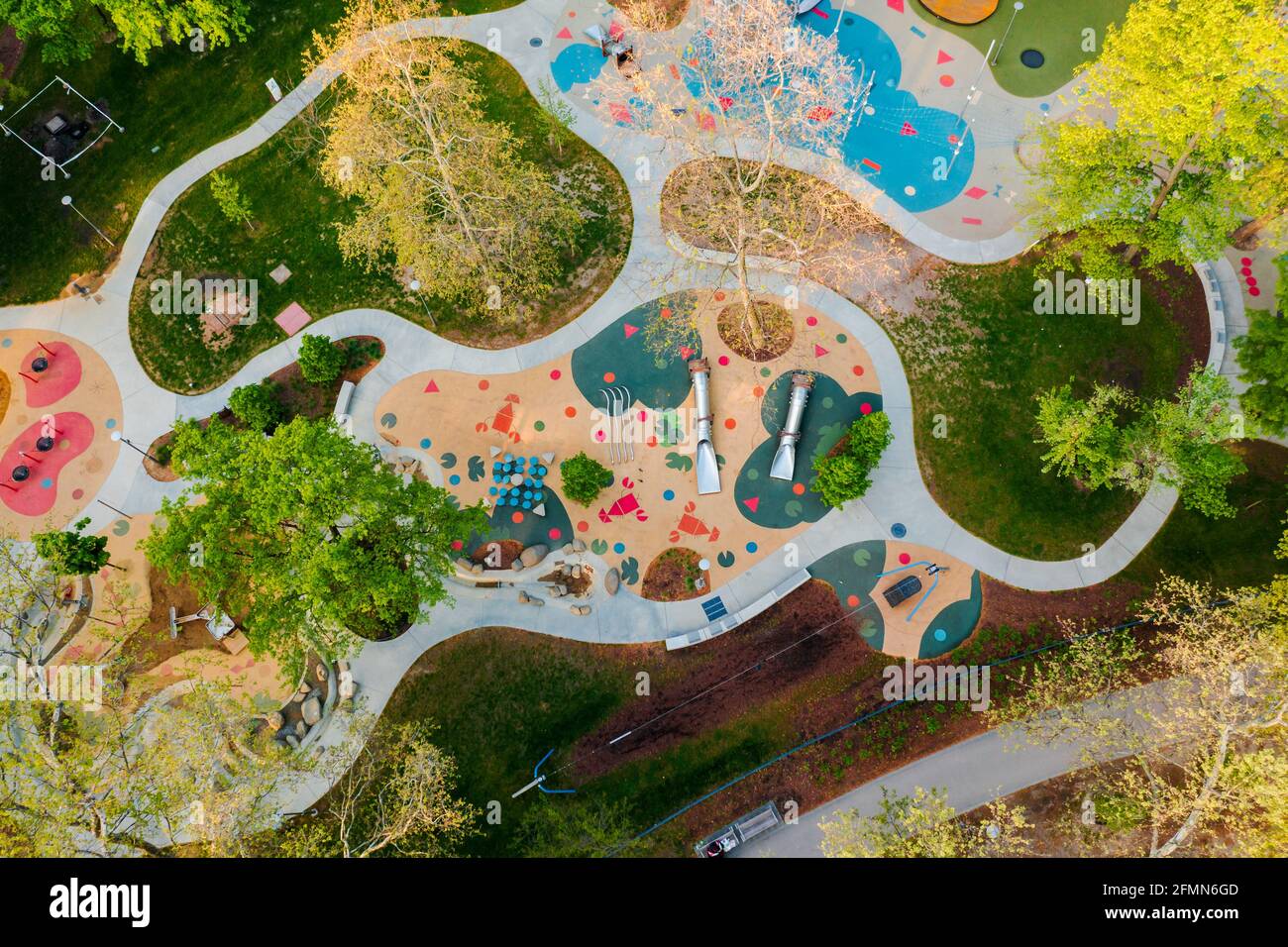 Budapest City park big playground in aerialpanormaic photo. Renwed nice play place for children all ages. Amazing bright morning lights. Stock Photo