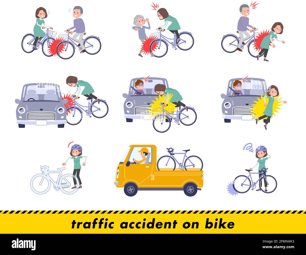A set of middle-aged women in tunic in a bicycle accident.It's vector art so easy to edit. Stock Vector