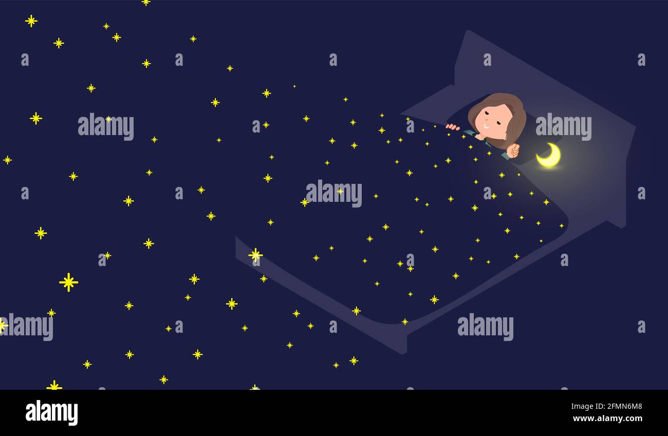 A set of middle-aged women in tunic Sleeping in the starry sky.It's vector art so easy to edit. Stock Vector