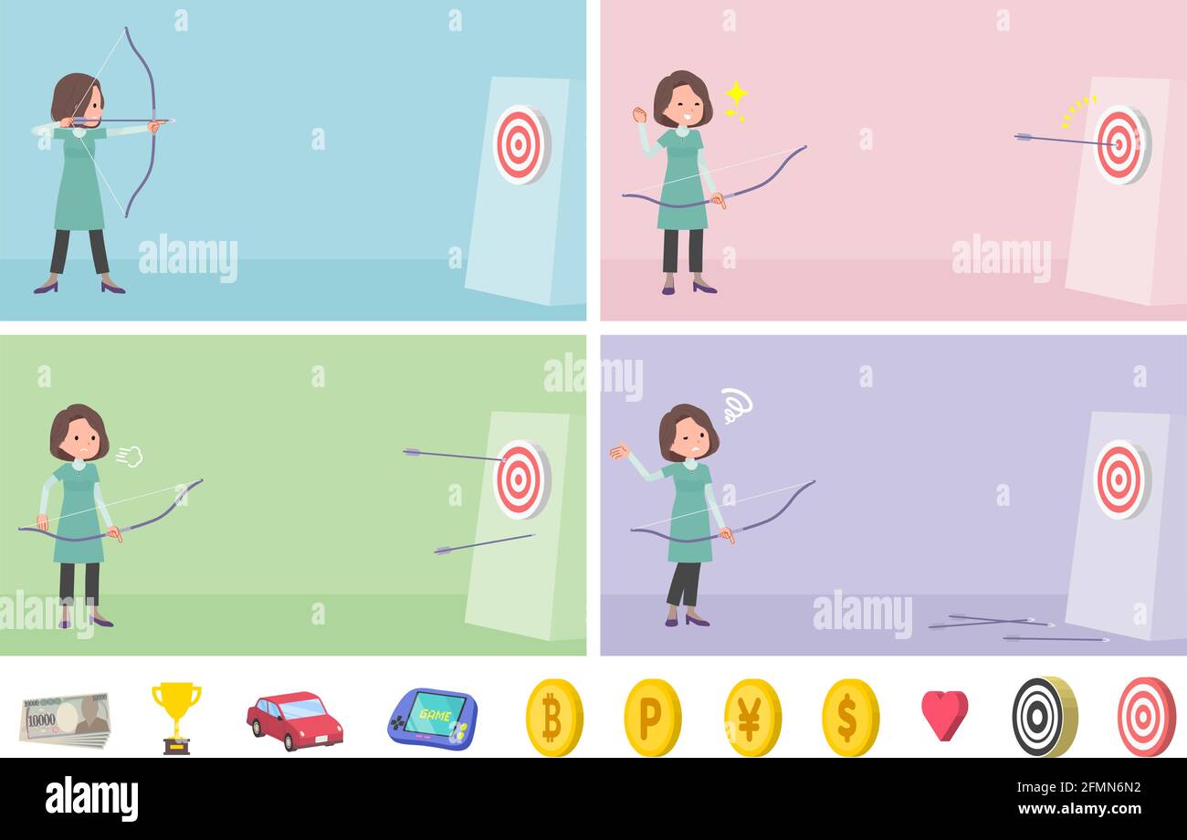 A set of middle-aged women in tunic aiming with a bow and arrow.It's vector art so easy to edit. Stock Vector