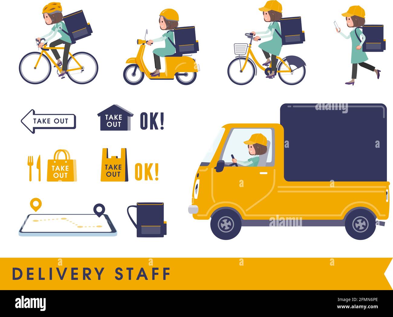 A set of middle-aged women in tunic doing delivery.It's vector art so easy to edit. Stock Vector