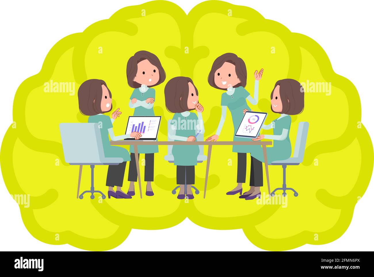 A set of middle-aged women in tunic having an intracerebral meeting.It's vector art so easy to edit. Stock Vector