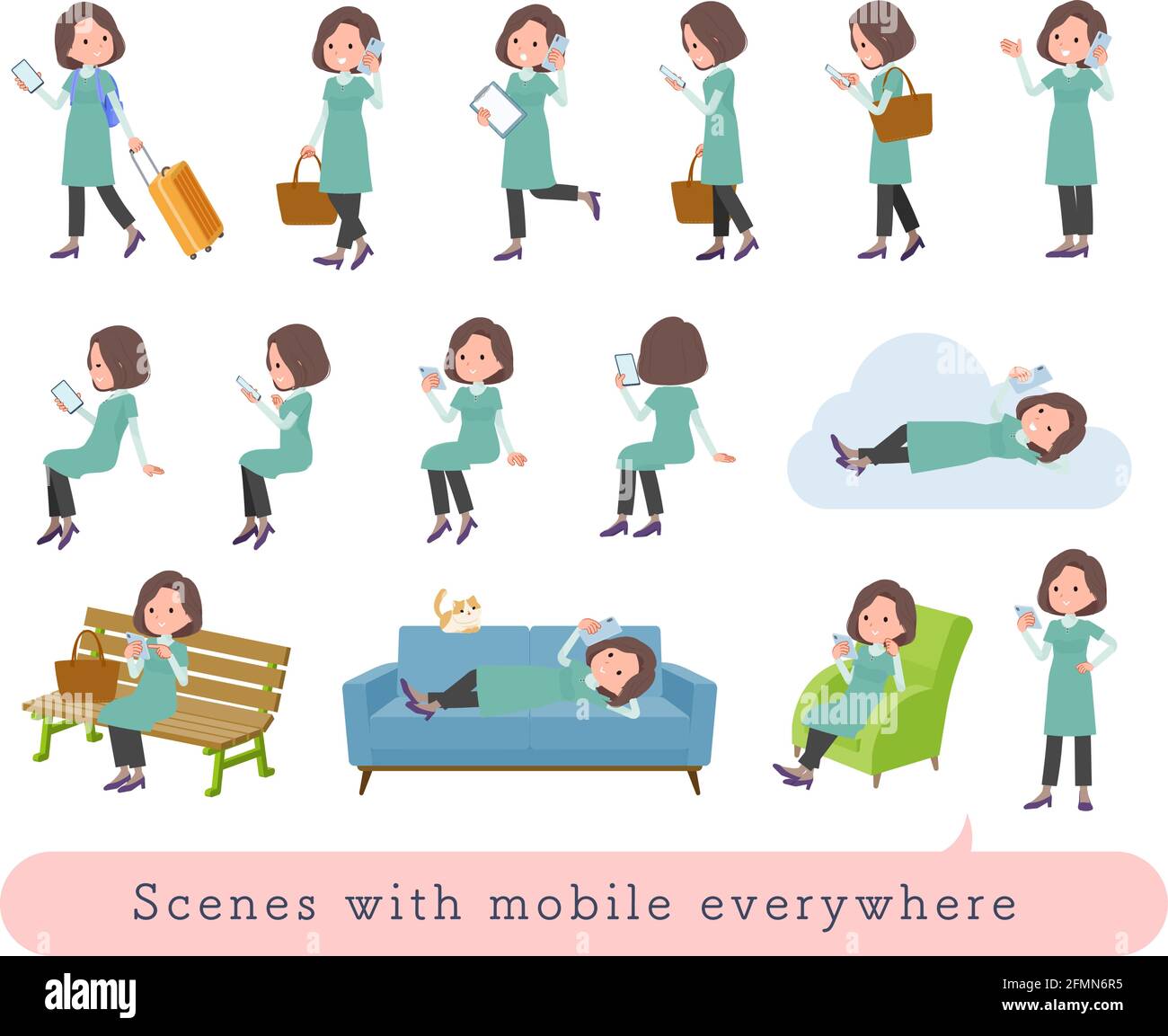 A set of middle-aged women in tunic who uses a smartphone in various scenes.It's vector art so easy to edit. Stock Vector