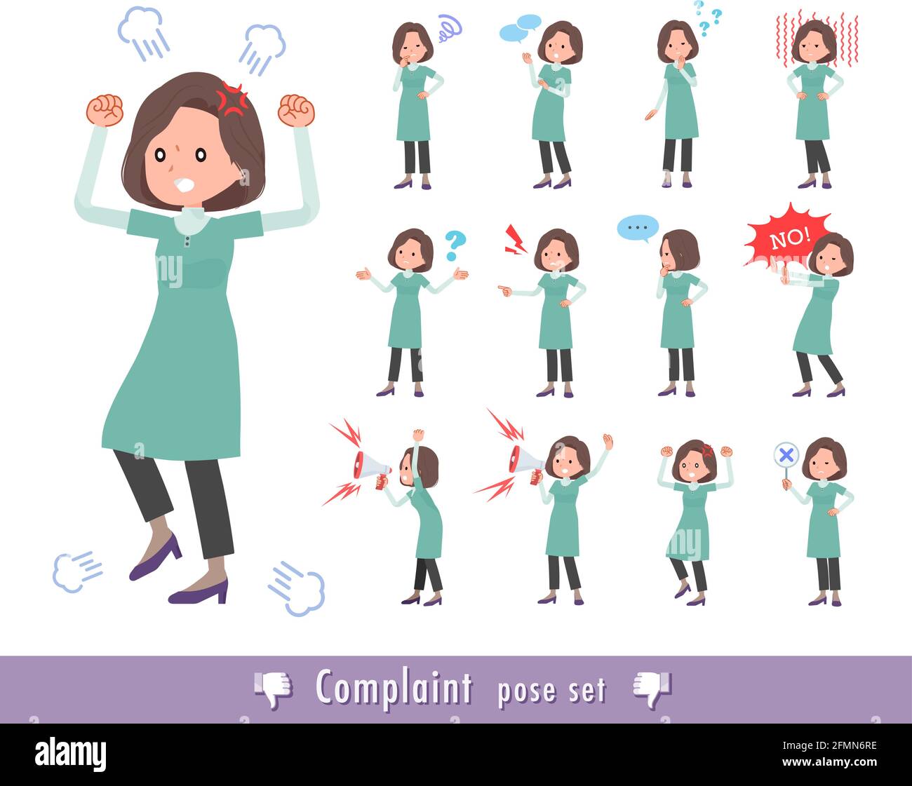 A set of middle-aged women in tunic expressing their discontent.It's vector art so easy to edit. Stock Vector