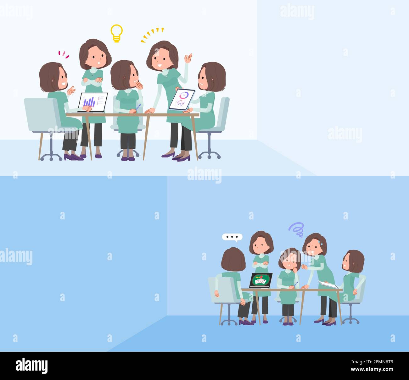 A set of middle-aged women in tunic having an intracerebral meeting.It's vector art so easy to edit. Stock Vector