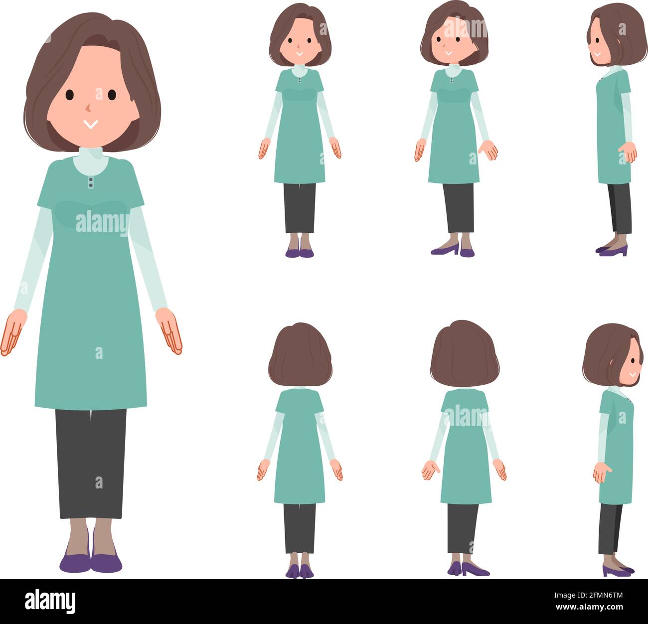 A set of middle-aged women in tunic standing.Front, side and back angles.It's vector art so easy to edit. Stock Vector