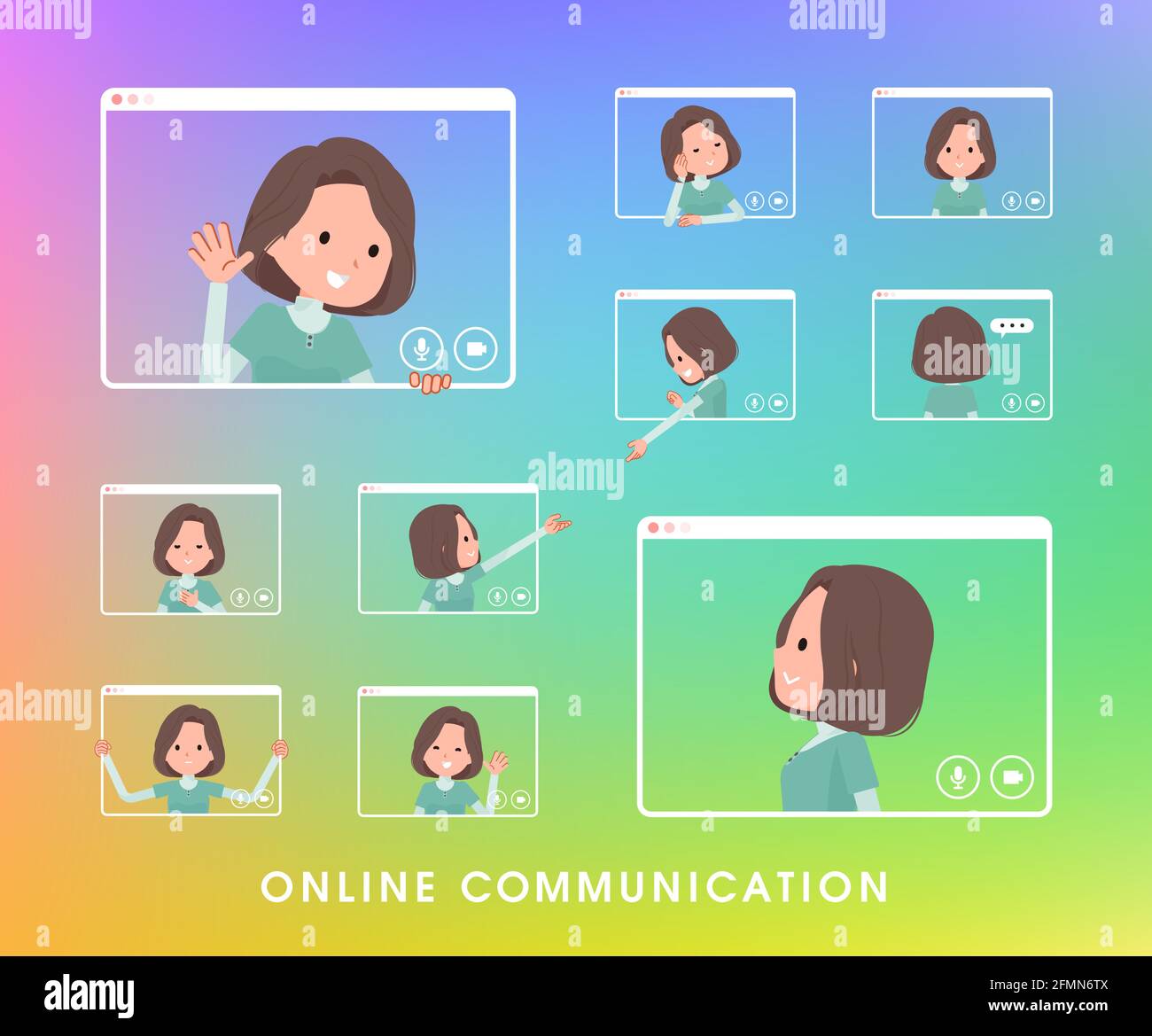 A set of middle-aged women in tunic communicating online.It's vector art so easy to edit. Stock Vector