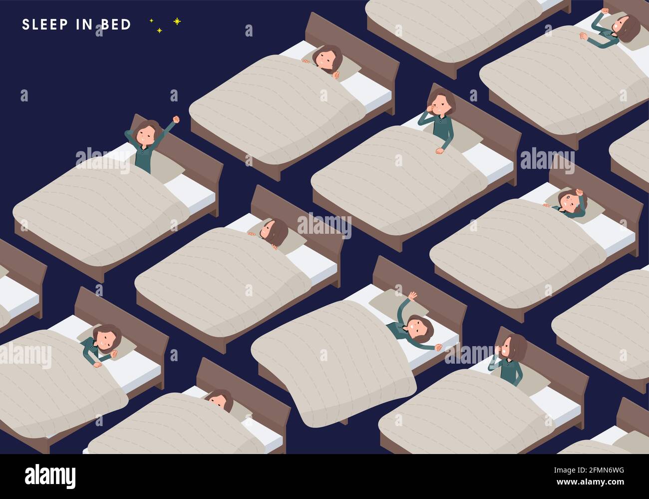 A set of middle-aged women in tunic in various poses sleeping in bed.It's vector art so easy to edit. Stock Vector