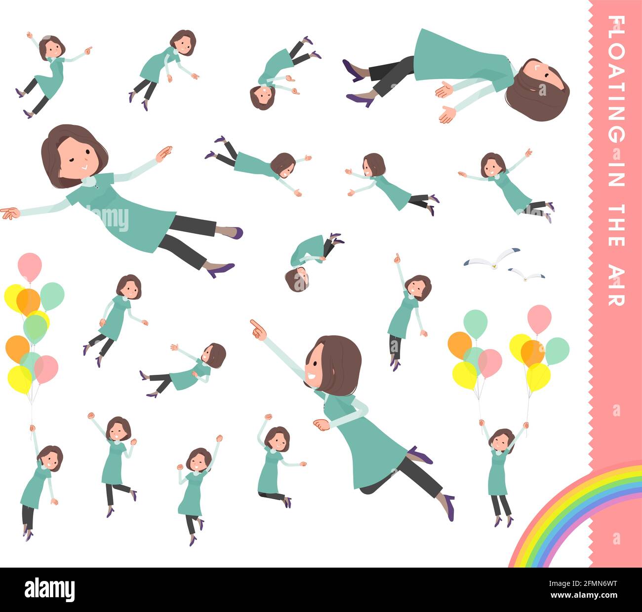 A set of middle-aged women in tunic floating in the air.It's vector art so easy to edit. Stock Vector
