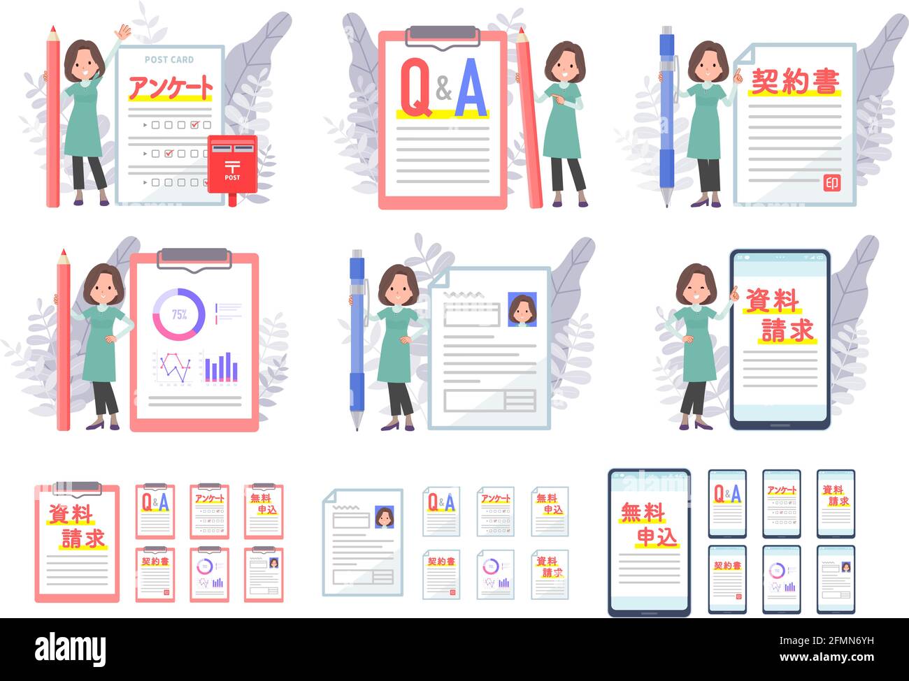 A set of middle-aged women in tunic and various documents.It's vector art so easy to edit. Stock Vector