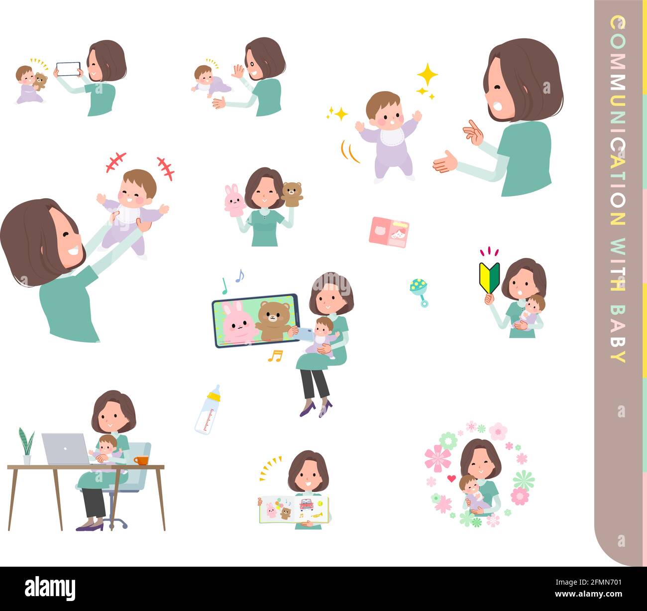 A set of middle-aged women in tunic who communicate with their baby.It's vector art so easy to edit. Stock Vector