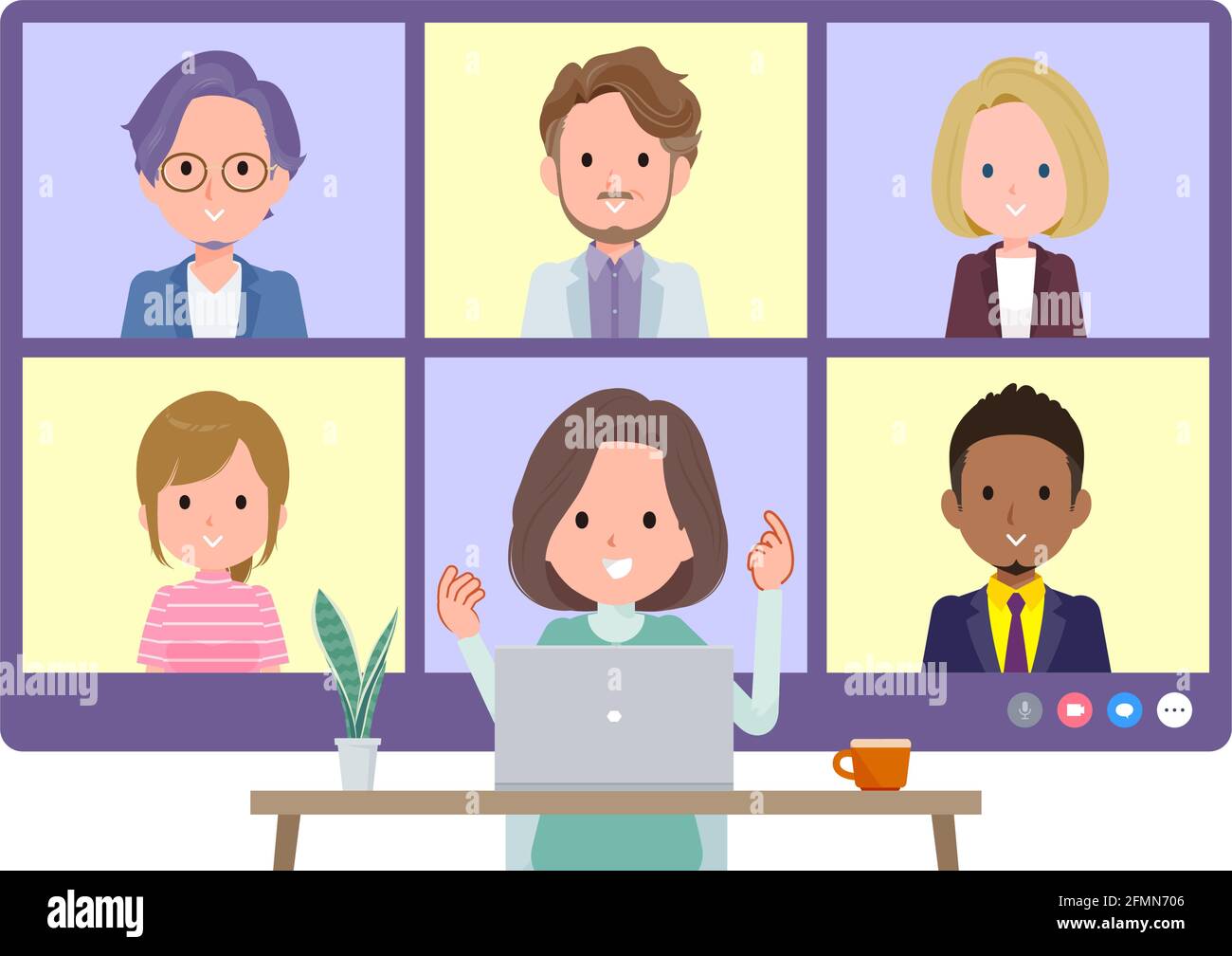 A set of middle-aged women in tunic having an online meeting with multiple people. Front angle.It's vector art so easy to edit. Stock Vector