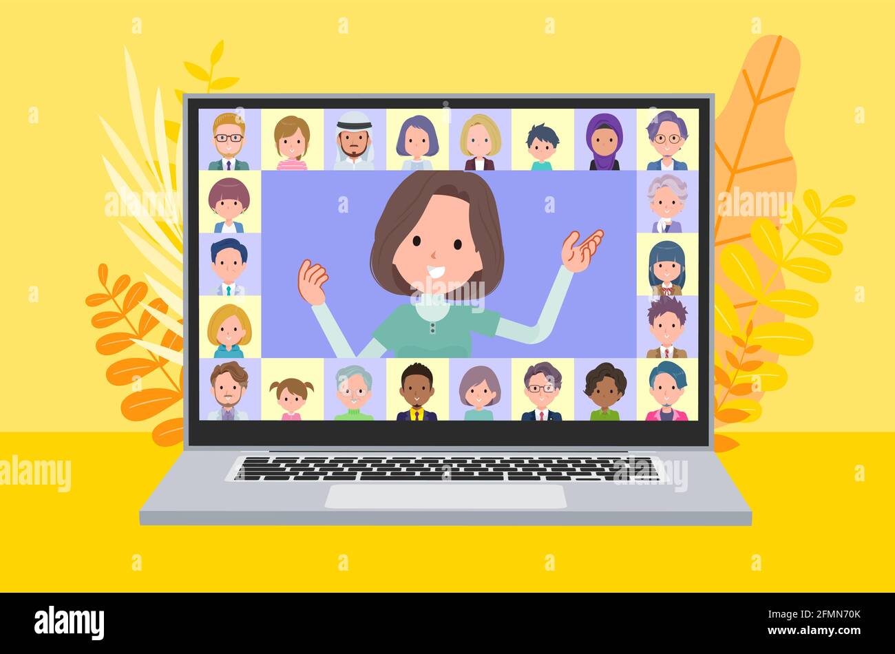 A set of middle-aged women in tunic presenting online.It's vector art so easy to edit. Stock Vector