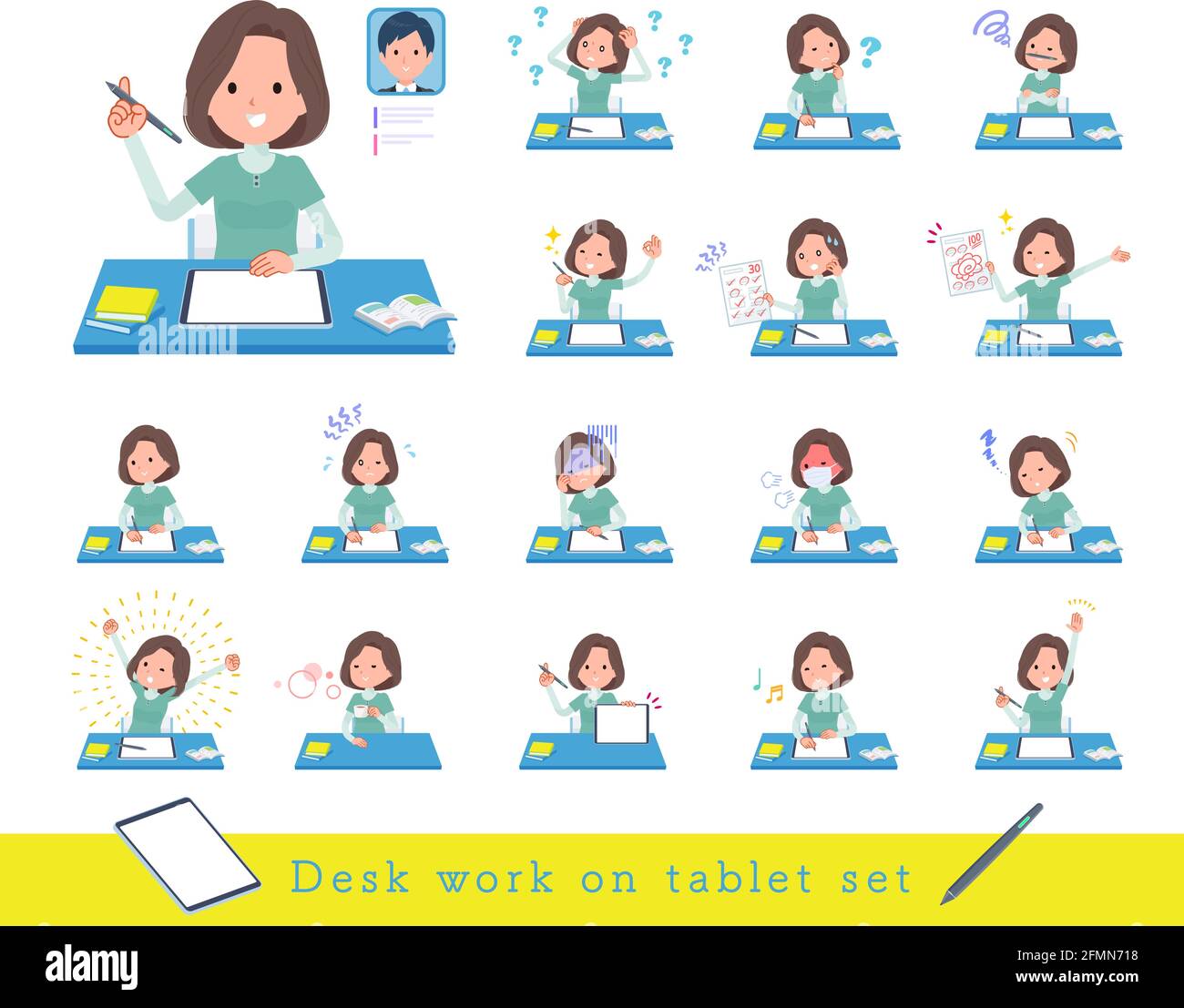 A set of middle-aged women in tunic studying on a tablet device.It's vector art so easy to edit. Stock Vector
