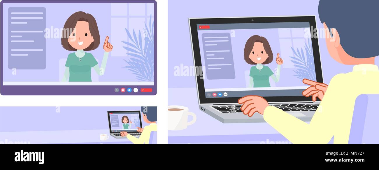 A set of middle-aged women in tunic having a video chat. It's vector art so easy to edit. Stock Vector
