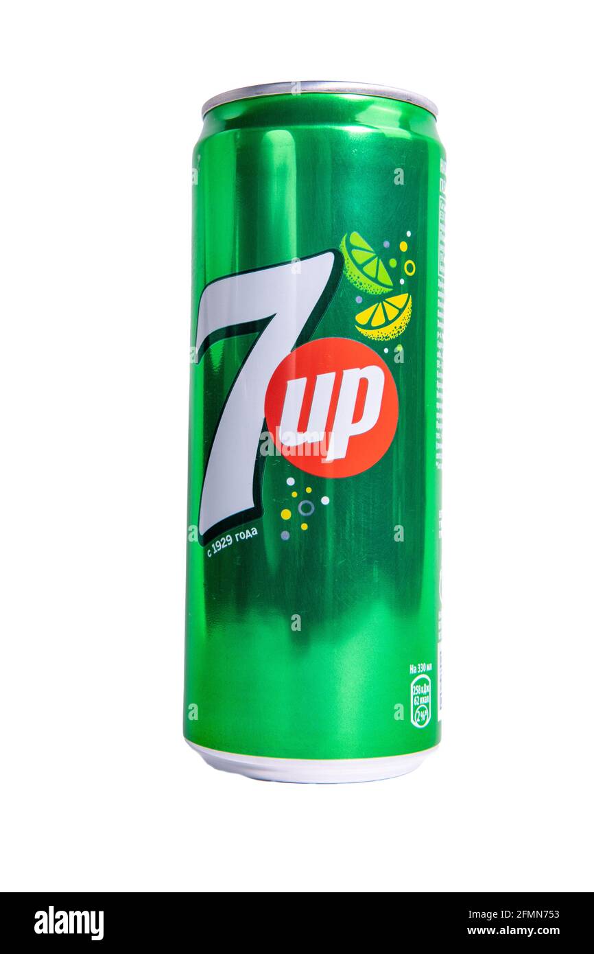 Tyumen, Russia-april 26, 2021: 7 Up is a brand of lemon-lime flavored isolated on white background. Vertical photo Stock Photo