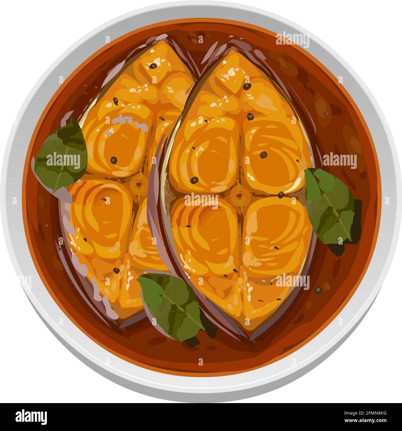 Vector illustration of seer fish curry ,kerala special red curry garnished  with green chilli and curry leaves in an earthenware, isolated Stock Vector  Image & Art - Alamy