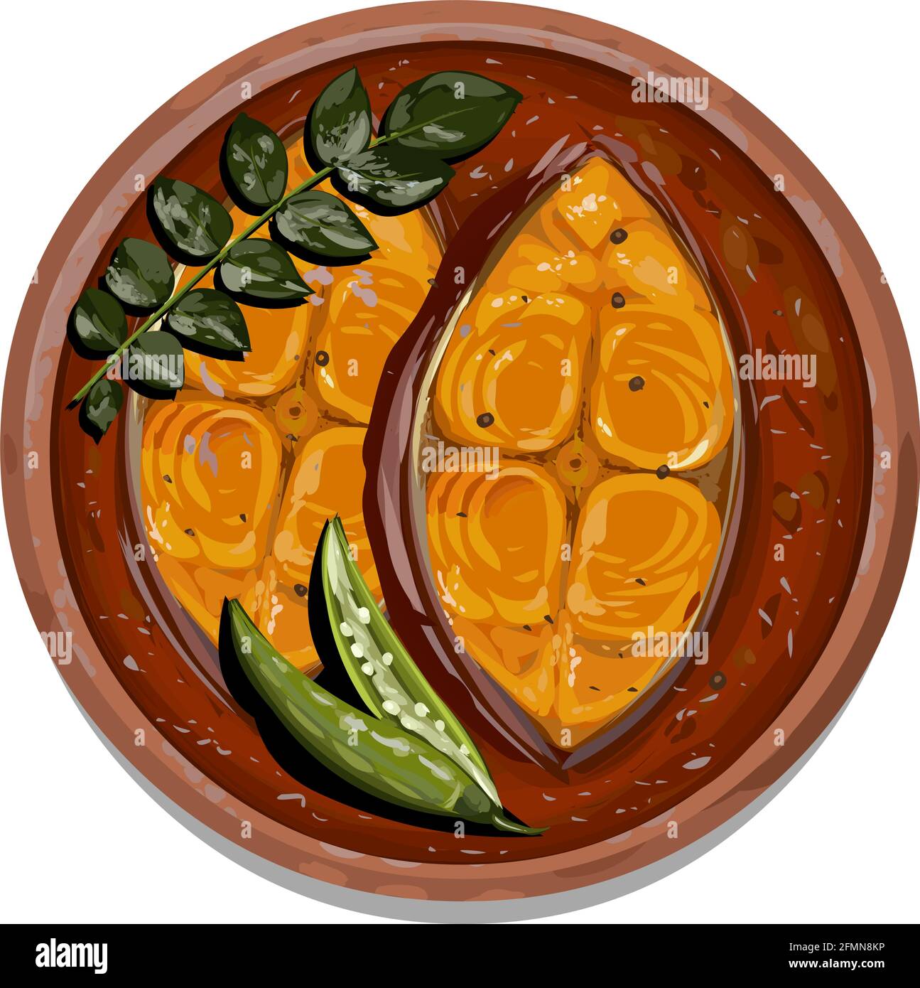 Vector illustration of seer fish curry ,kerala special red curry garnished with green chilli and curry leaves in an earthenware, isolated. Stock Vector