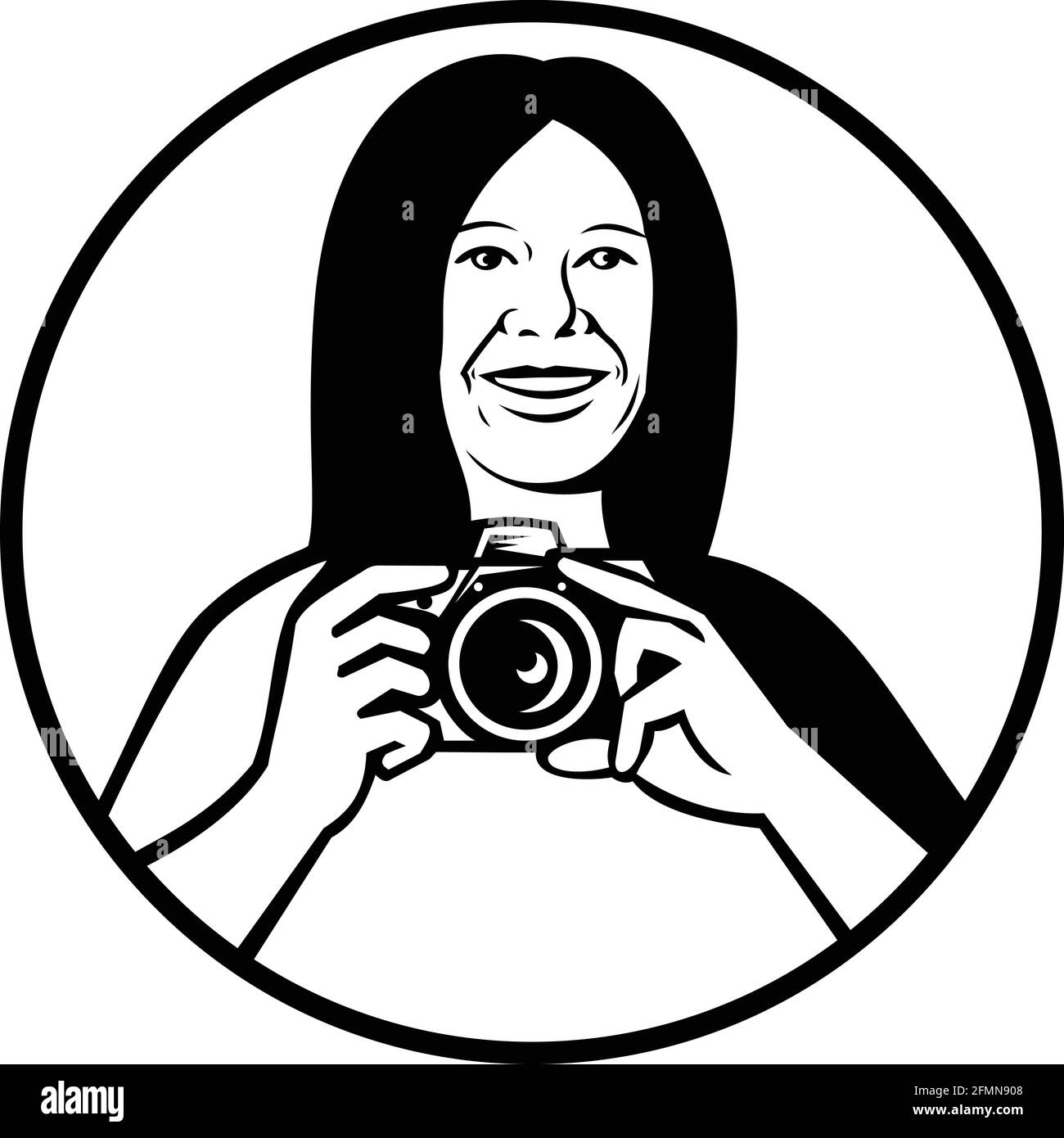 Mascot illustration of a female photographer holding a DSLR camera smiling viewed from front set inside circle on isolated background in black and whi Stock Vector