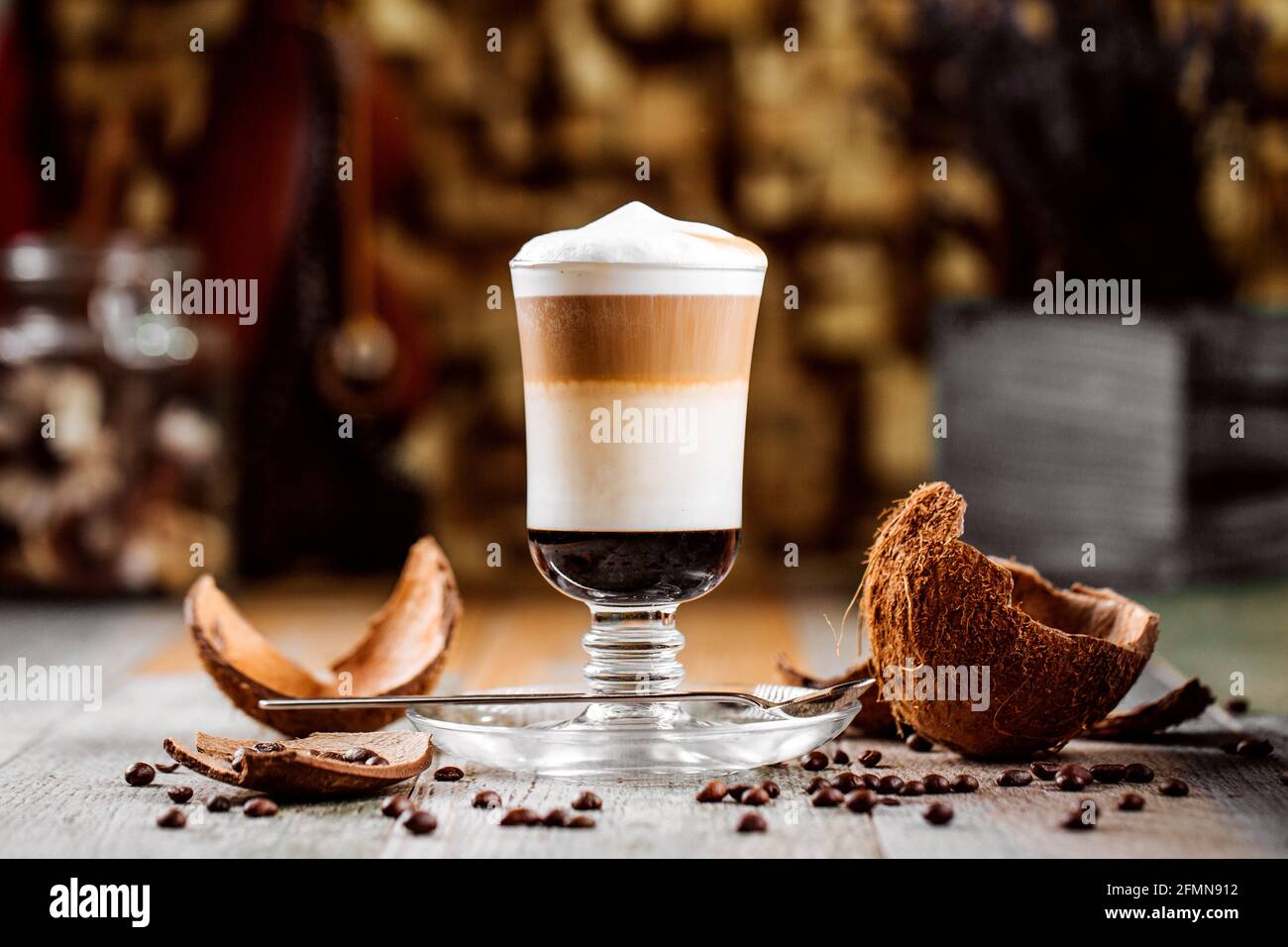 Coffee mocaccino decorated with coconut shell Stock Photo