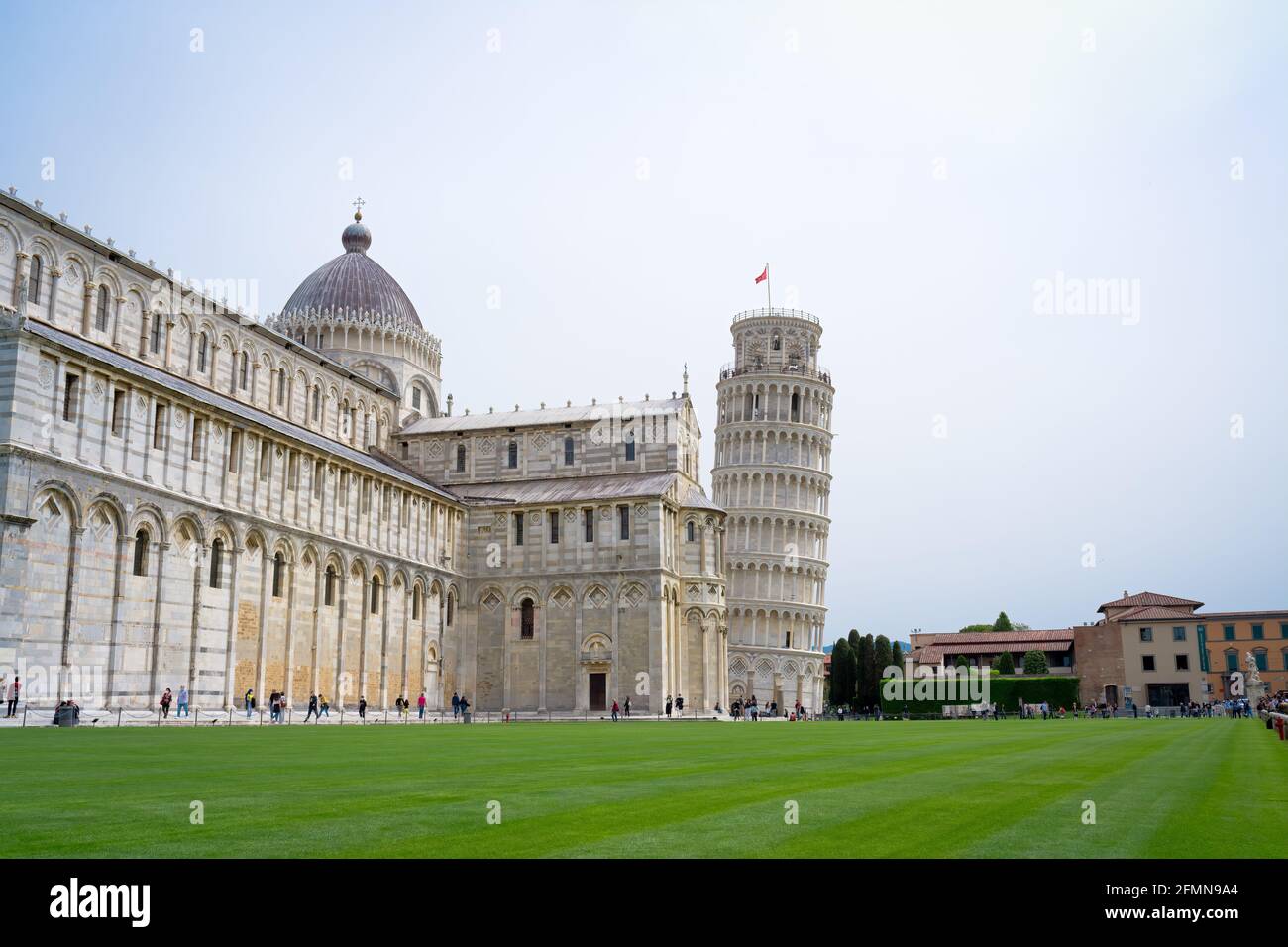 Pisa - May 2021: Square of Miracles (Piazza dei Miracoli) and the Leaning Tower of Pisa (Torre pendente), Tuscany, Italy Stock Photo