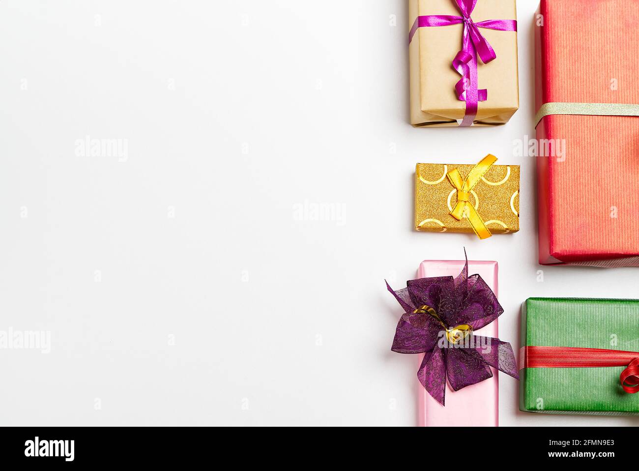 Christmas gift boxes collection on white table. gift boxes Flat lay Stock Photo