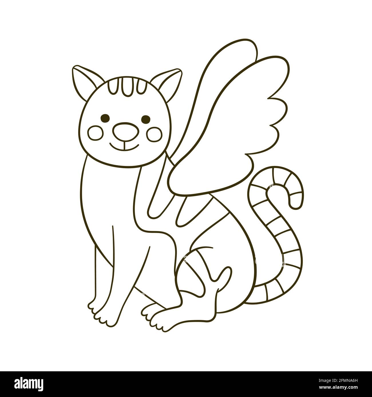 Cat with angels wings. Funny kitten. Coloring book. Vector illustration on white background Stock Vector