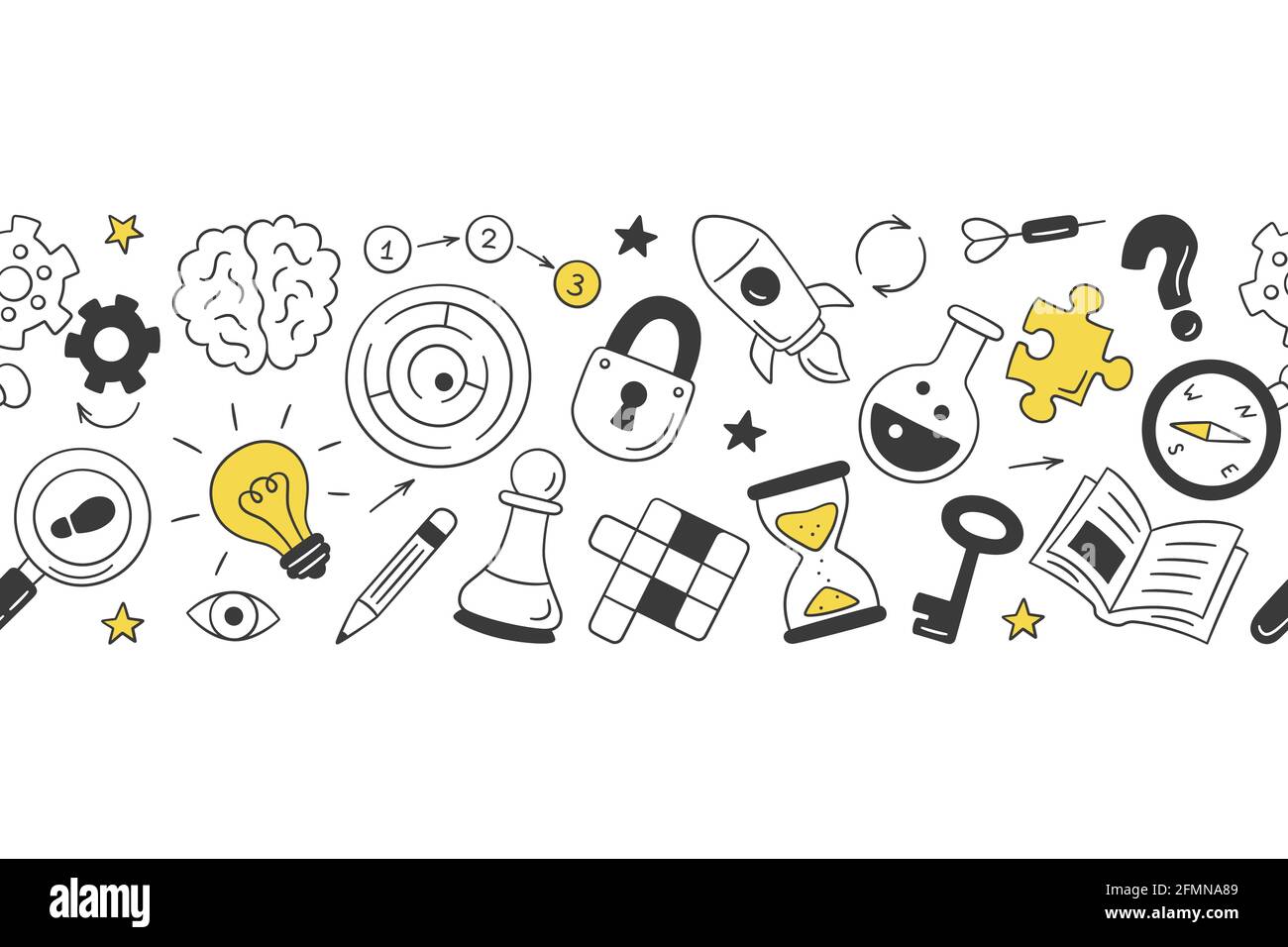 Puzzle and riddles. Hand drawn horizontal pattern with crossword puzzle, maze, brain, chess piece, light bulb, labyrinth, gear, lock and key. Vector Stock Vector