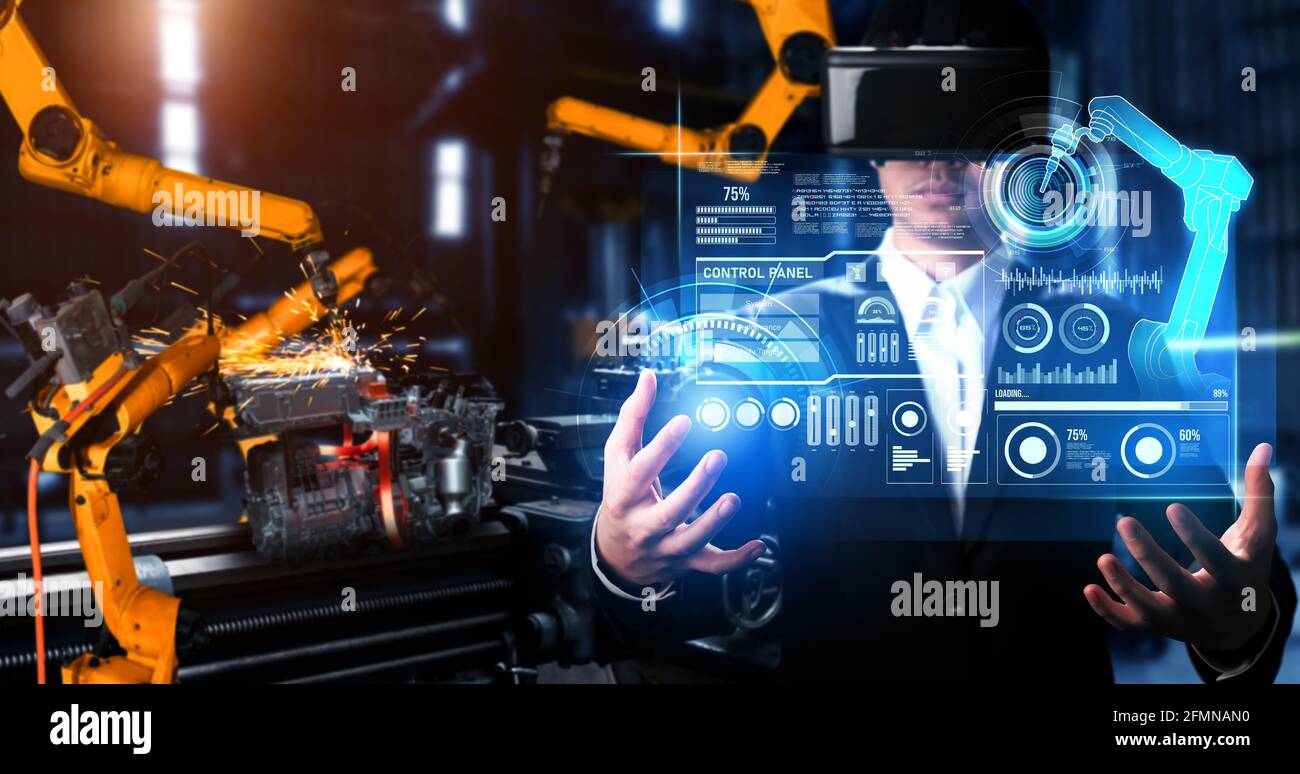 Advanced robot arm system for digital industry and factory robotic  technology . Automation manufacturing robot controlled by industry  engineering Stock Photo - Alamy