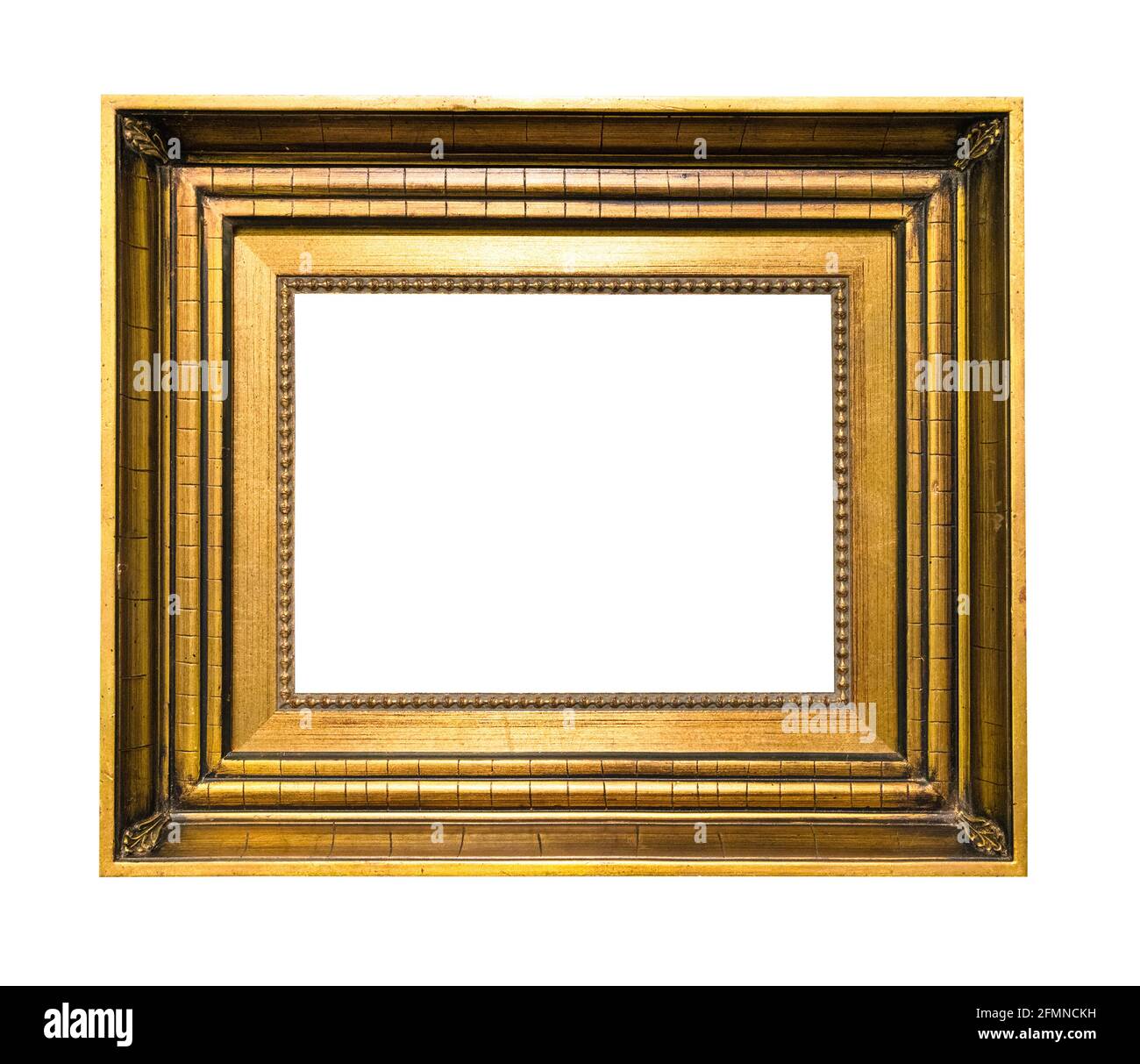 very wide old wooden picture frame with blank canvas cutout on white background Stock Photo