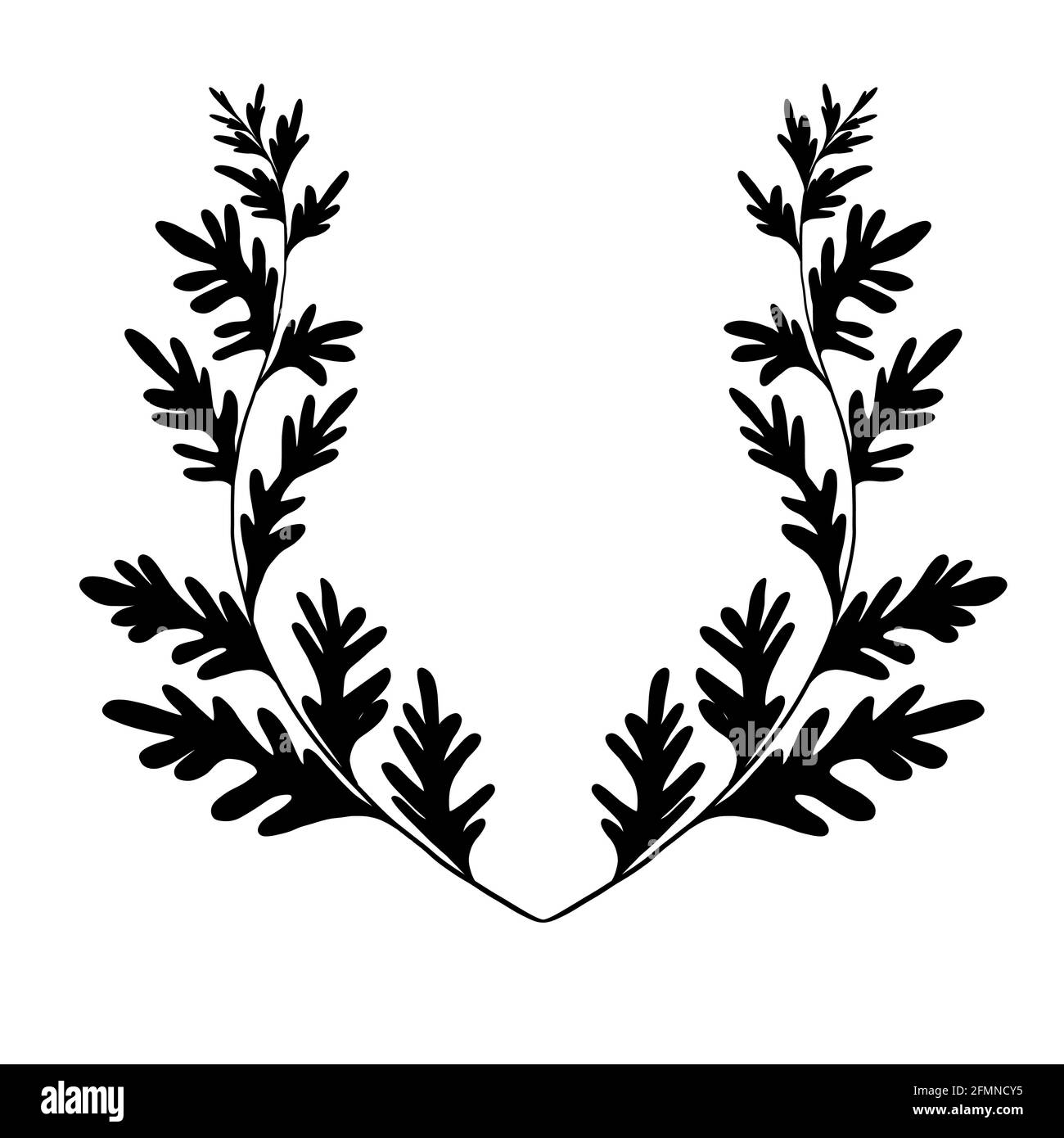 Black silhouette of wormwood herbaceous frame on a white background. Template with grass fields. Wreath with a branches of sagebrush. Vector monochrom Stock Vector