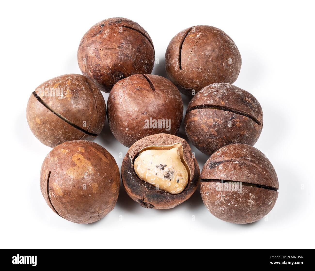 several macadamia nuts closeup on white background Stock Photo