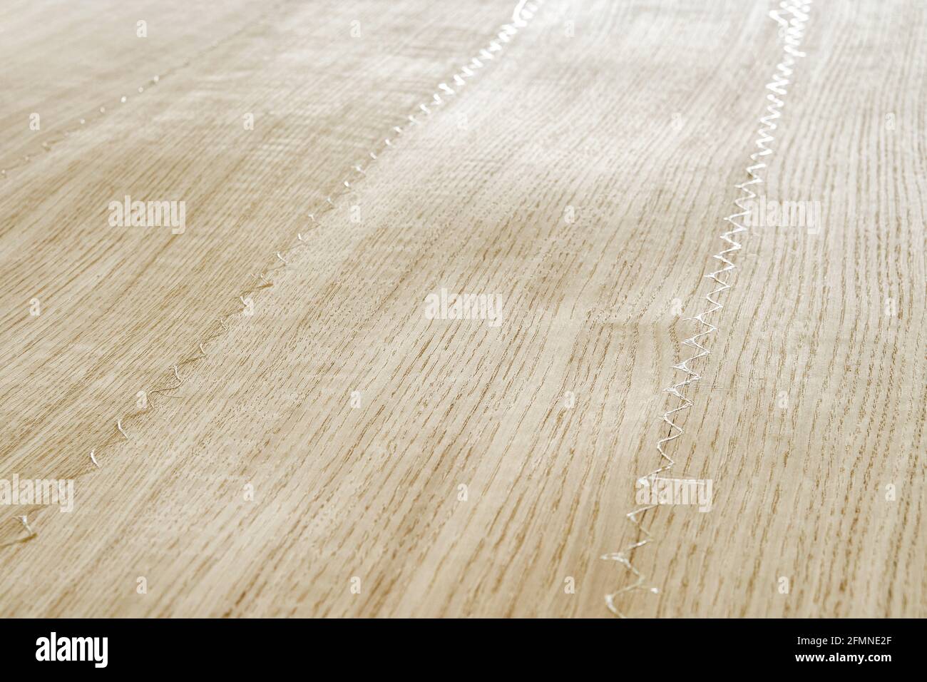 Oak texture as background. Spliced oak veneer with glue thread for furniture manufacturing closeup Stock Photo