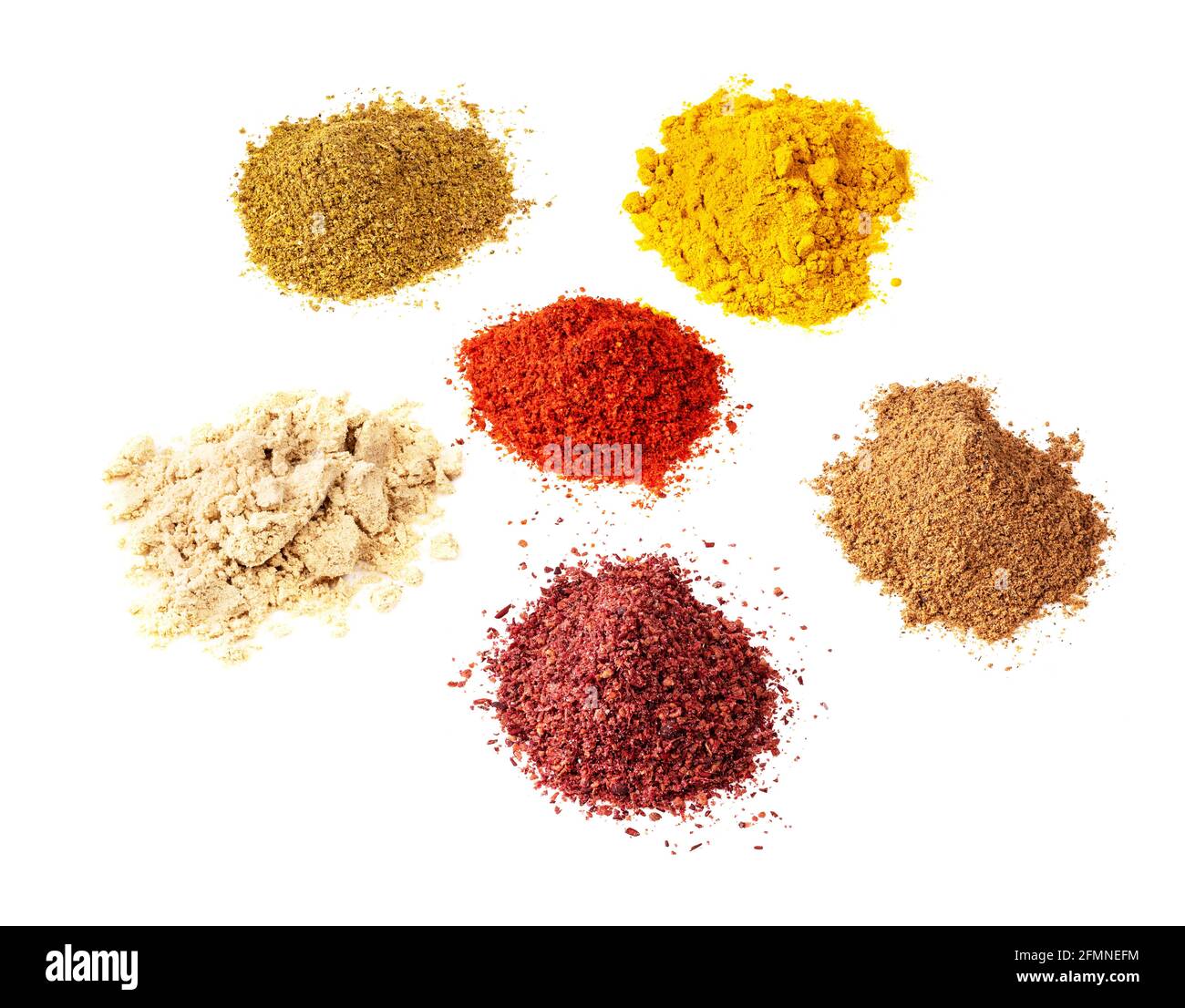 six various colour powdered spices cutout on white background Stock ...