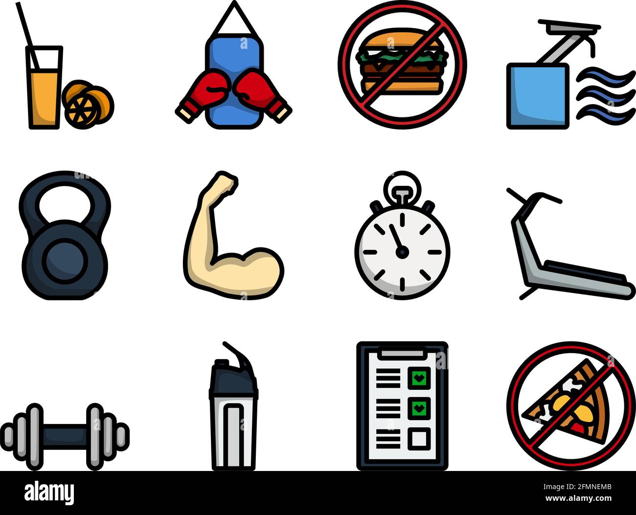 Fitness Icon Set. Editable Bold Outline With Color Fill Design. Vector ...