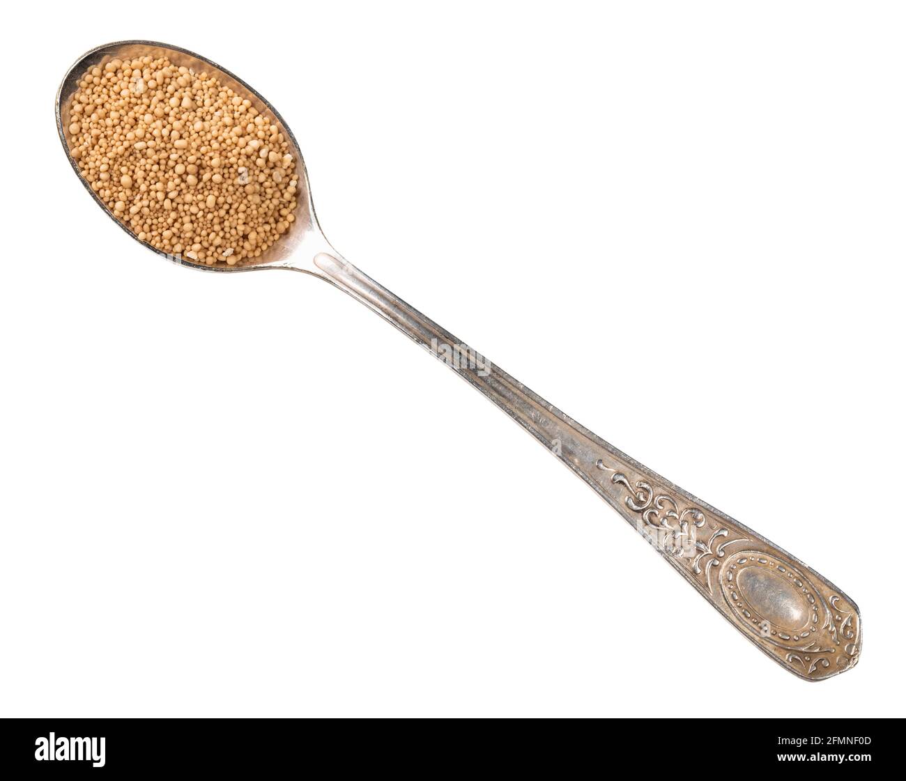 top view of granulated active dry yeast in silver teaspoon cutout on