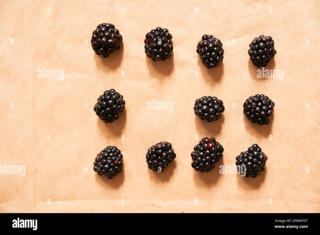 Eleven blackberries on a beige craft paper background. Berries laid out in the form of a rectangle. Horizontal card with copy space. Healthy, delicious, natural vegetarian background. Stock Photo