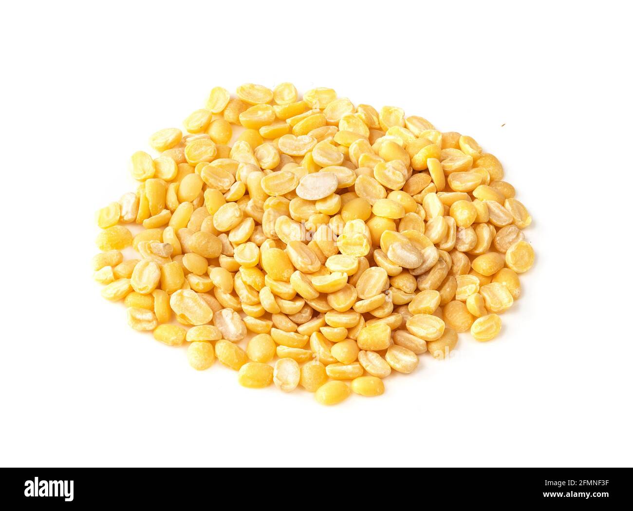 handful of raw moong dal (split green mung) beans closeup on white background Stock Photo