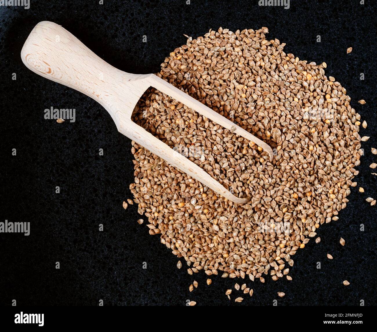 top view of wood scoop on pile of unhulled barnyard millet seeds on black plate Stock Photo Alamy