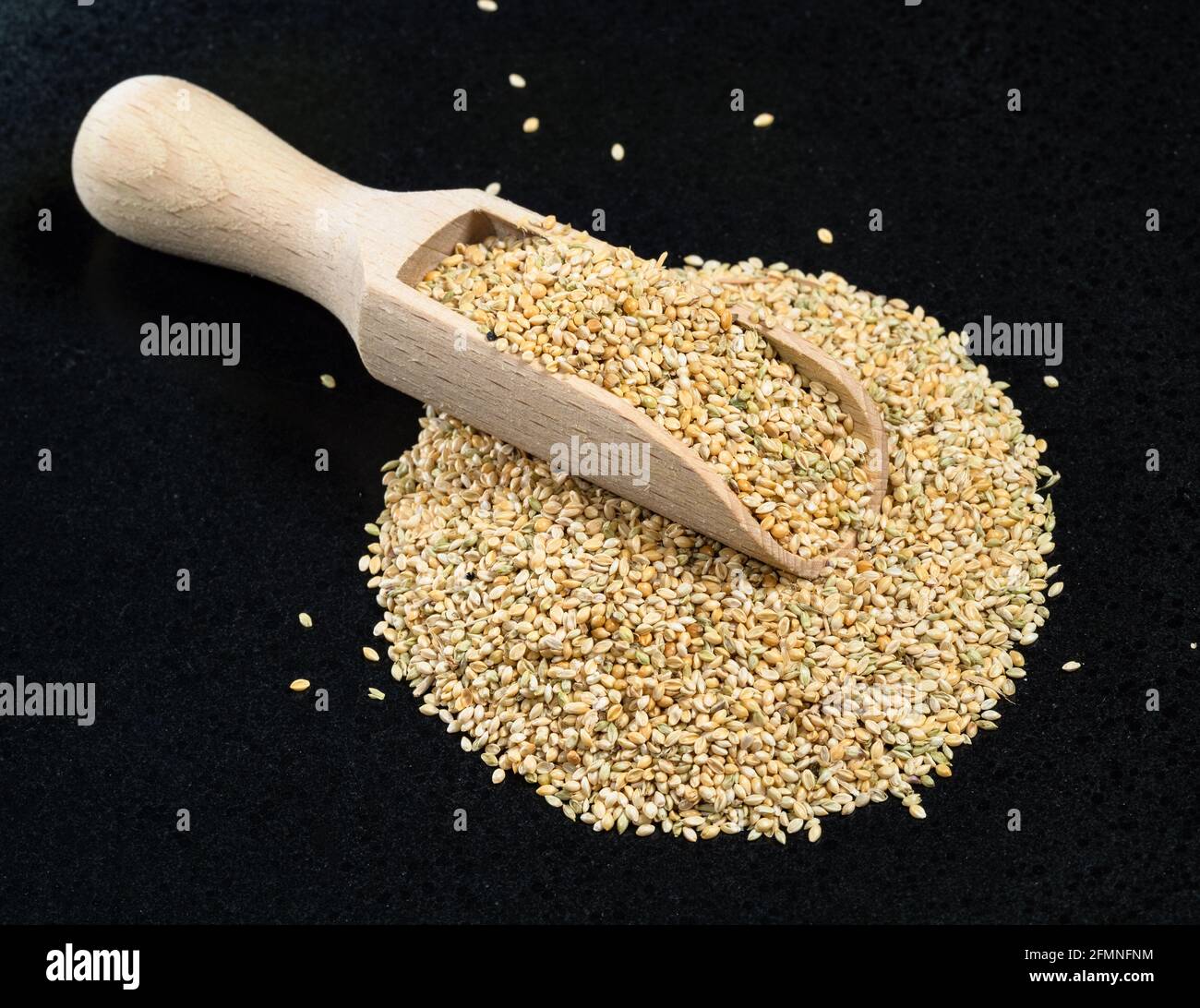 wooden scoop on pile of unhulled foxtail millet seeds on black plate