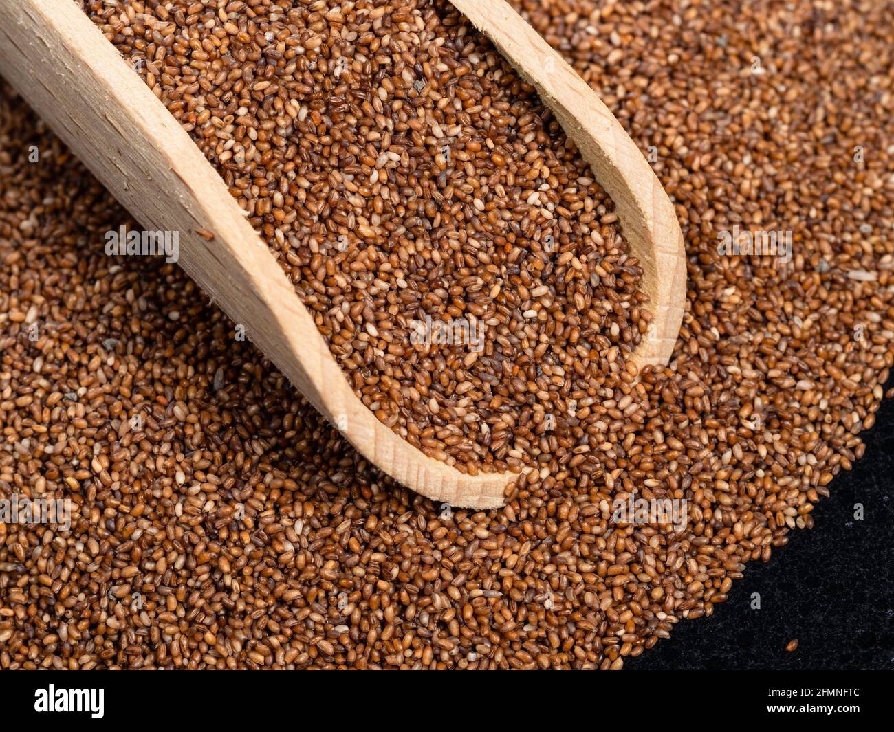 wooden scoop on pile of wholegrain teff seeds closeup Stock Photo
