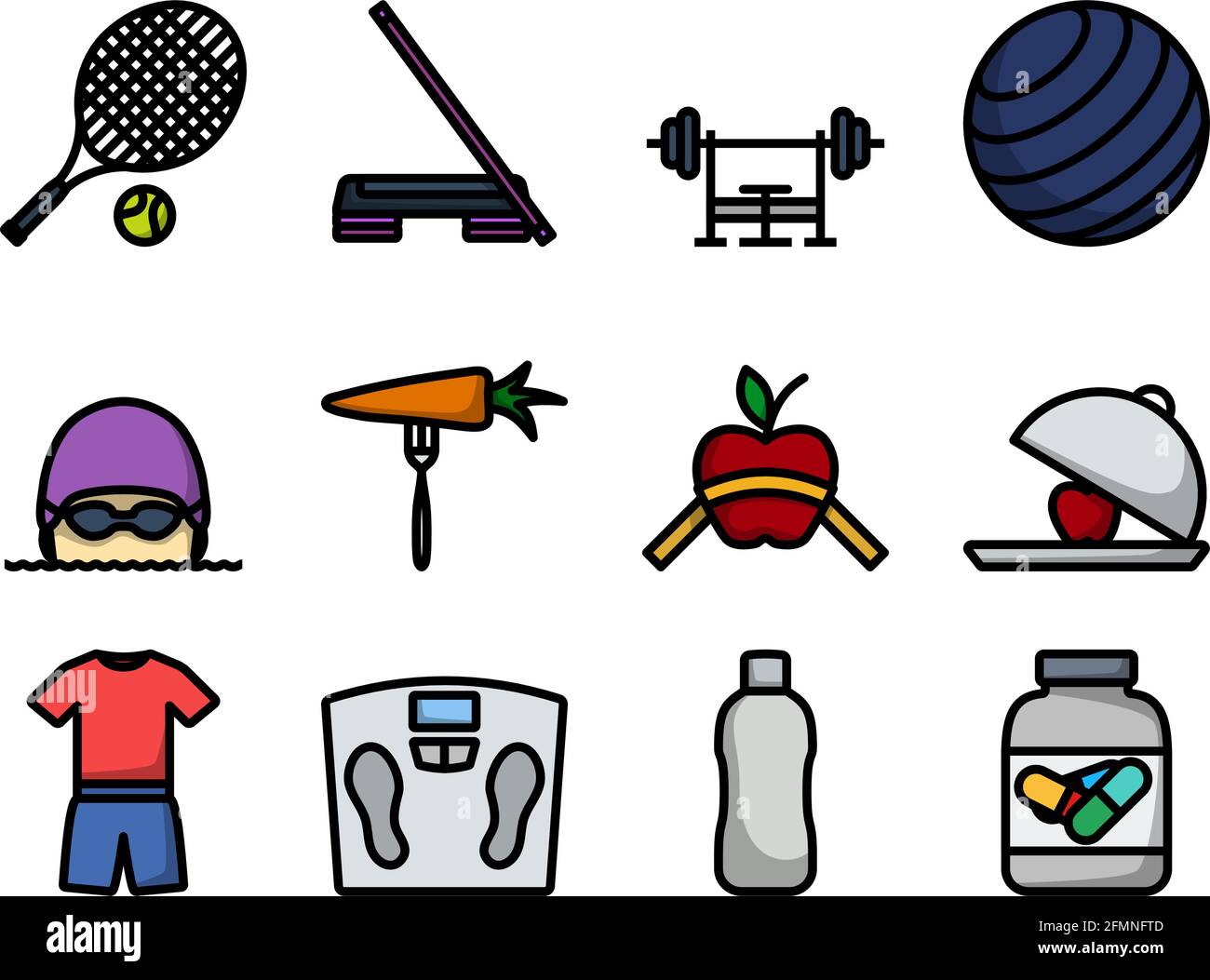 Fitness Icon Set. Editable Bold Outline With Color Fill Design. Vector ...