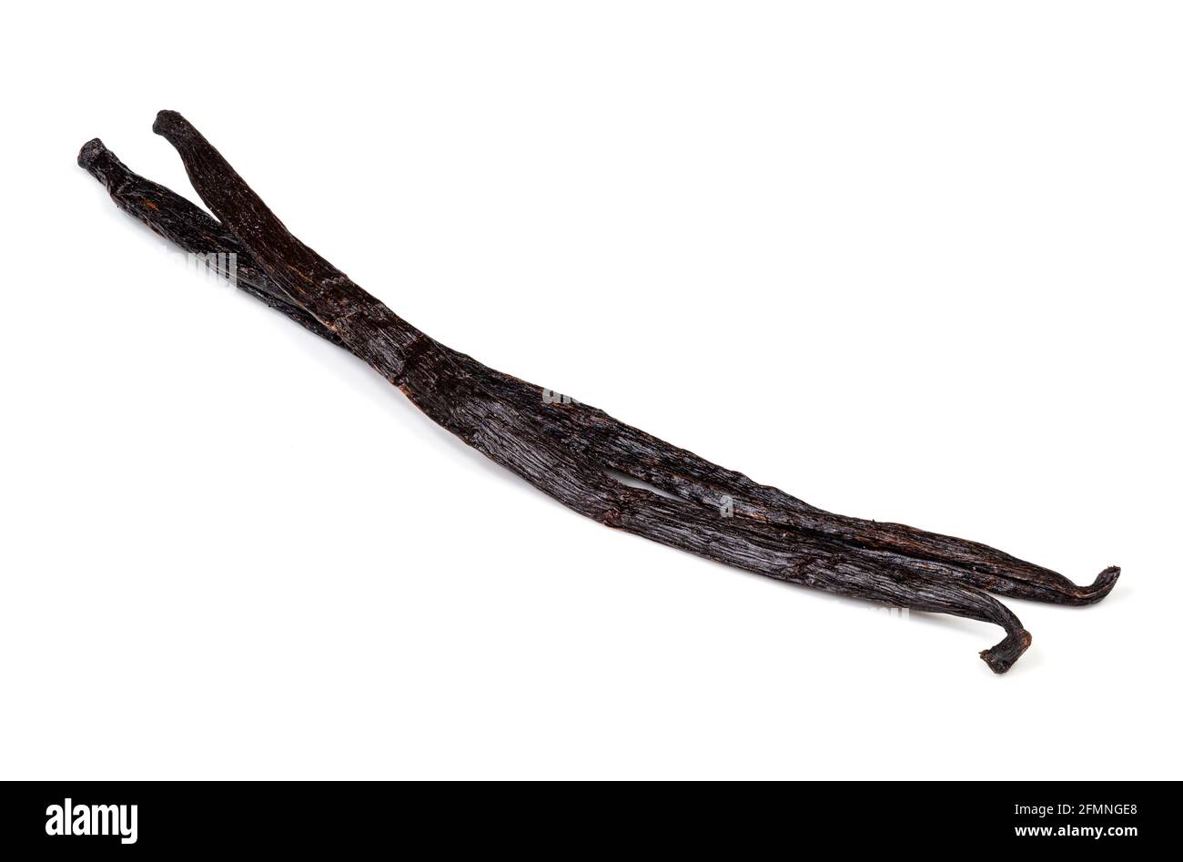 two different dried vanilla beans closeup on white background Stock Photo
